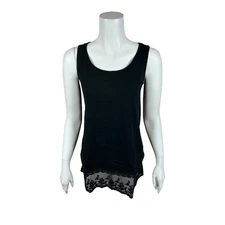 LOGO Layers by Lori Goldstein Cotton Slub Tank Top w/ Lace Hem Black XX-Small Sz