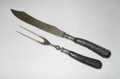 Vintage LF & C Universal 2 Piece Antler Horn Black & Silver Knife & Fork Set USA