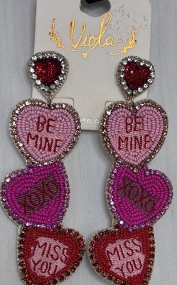 Viola Be Mine XOXO Heart Dangle Earrings Pink Red Beaded 4  Valentine