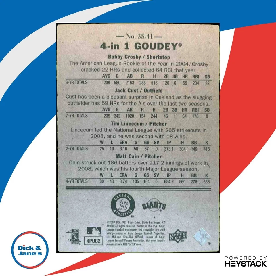 2009 Upper Deck Goudey Bobby Crosby Jack Cust Tim Lincecum Matt Cain/21 Mets Foto 2 de 4