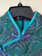 Green Asian Print Mandarin Cheongsam QiPao Silk Jacquard Dress Excellent Conditi