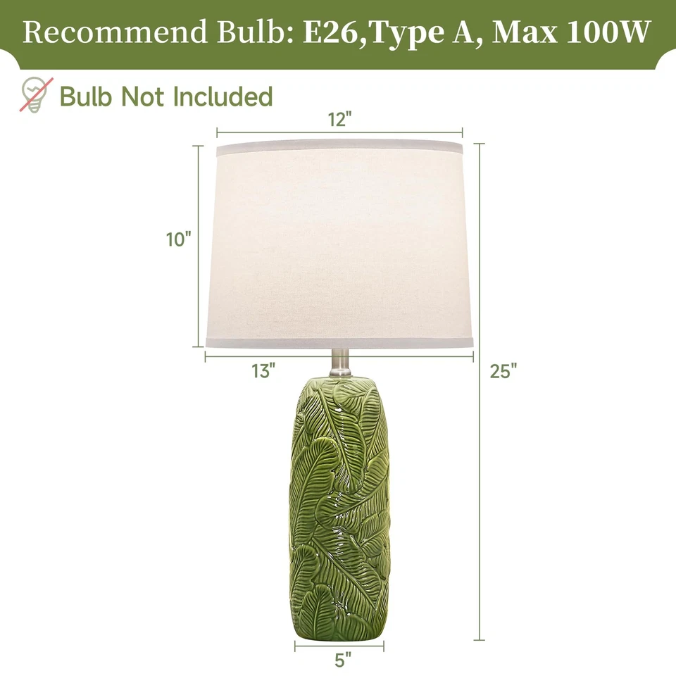 25” Green Lamps Set of 2 with Leaves Design for Living Room Bedroom Retro Cer... - Image 3 of 4