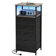 Tall Nightstand with Charging Station and Lights, Night Stand with PU Finish ...