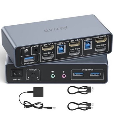 Alxum 2-Port HDMI KVM Switch Box 2 In 2 Out USB 3.0 4K 3.5mm Gray