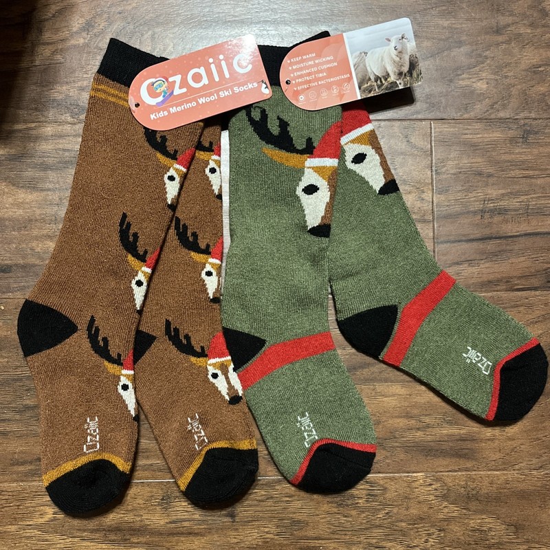 Merino Wool Ski Socks Kids 2 Pairs, Winter Warm Knee High Snowboarding Skiing