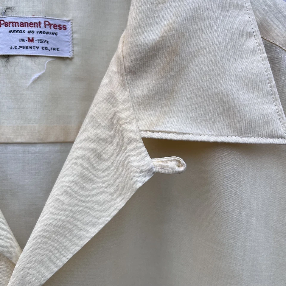 True Vintage 60s 70s JC Penny Shirt Sz Medium Ivory Loop Collar Camp Towncraft  - Image 3 of 4