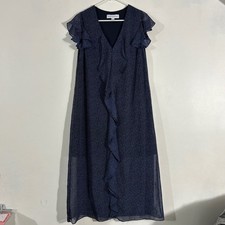 Emma & Michele Maxi Dress Womens M Navy Blue Polka Dot Excellent Ruffle Chiffon