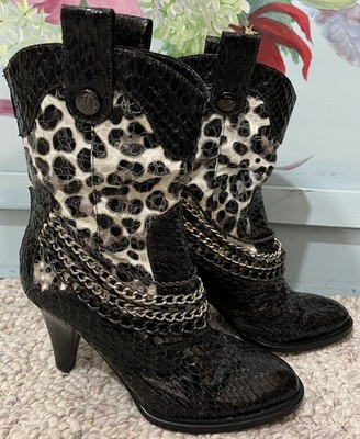 J. Renee BREE Boots Size 6.5 Black  Multi Chains Leopard Rocker Reptile Heels