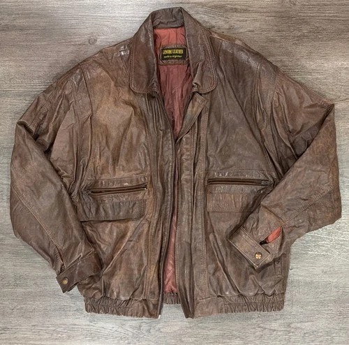 Brown Genuine Leather Bomber Jacket Made in Argentine Size 54 WORN - product listing photo