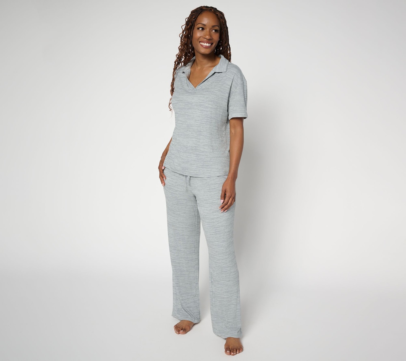 Muk Luks Women's Plus Sz Sleepwear 2X Rib Knit Short Sleeve Collared Gray