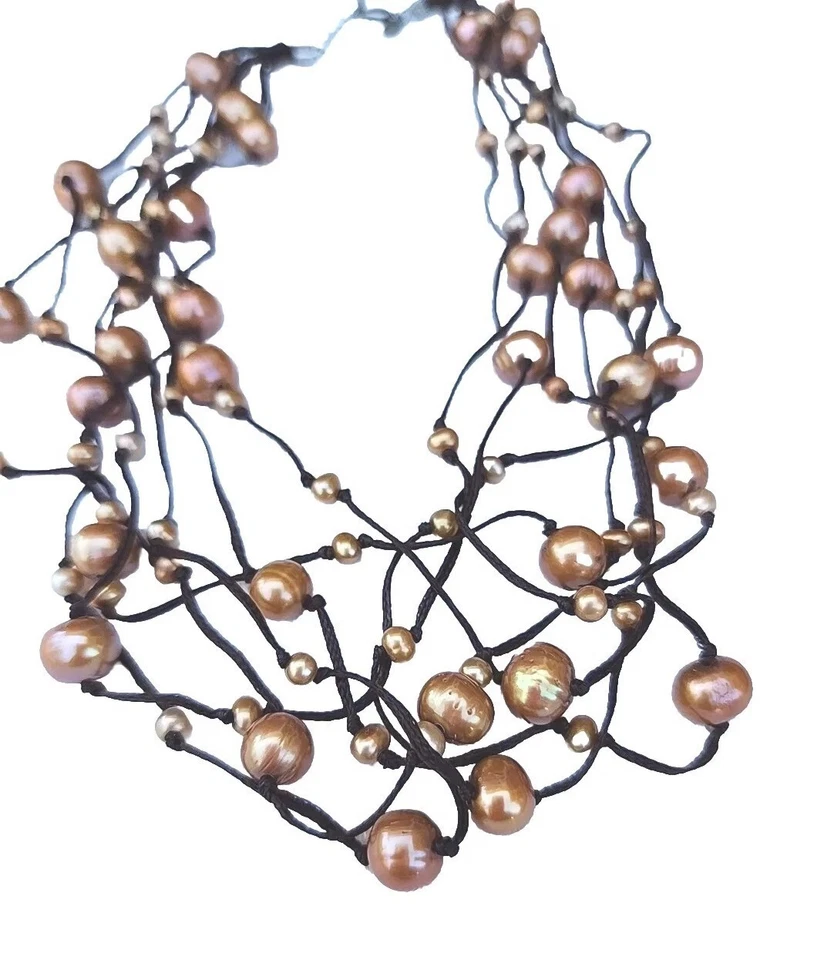 Collar Multistrand 17" Perlas Doradas Genuinas Chocolate Seda con Cierre de Plata