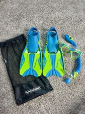 Kids US divers Snorkel Set - Lime Green And Blue Fins Shoe Size Youth 13-3