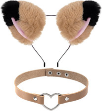 Furry Cat Ears Headband and Love Heart Leather Chocker for Halloween Animal Cost