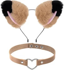 Furry Cat Ears Headband and Love Heart Leather Chocker for Halloween Animal Cost