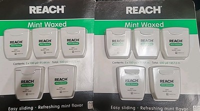 (10) Johnson & Johnson Reach Mint Waxed Dental Floss 100yd 1,000tot Easy Slide
