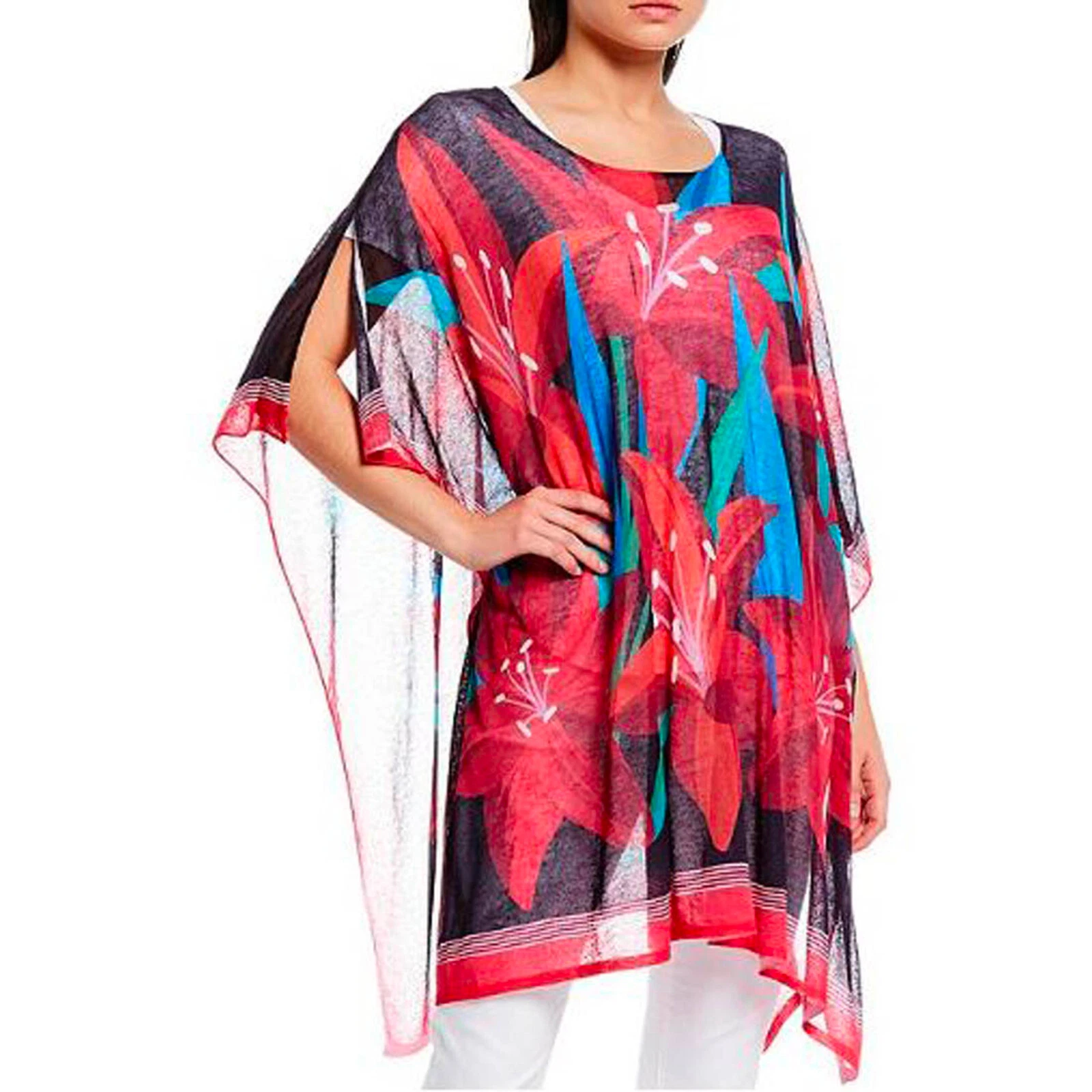 Tommy Bahama One Size Pink Blue Lightweight Poncho Swim Cover Up 100% Cotton B6