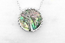 925 Sterling Silver Round Solitaire Abalone Shell Tree Of Life Pendant Necklace