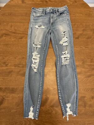 American Eagle Jeans Womens 6 Regular Skinny Distressed Super Stretch X Raw Hem