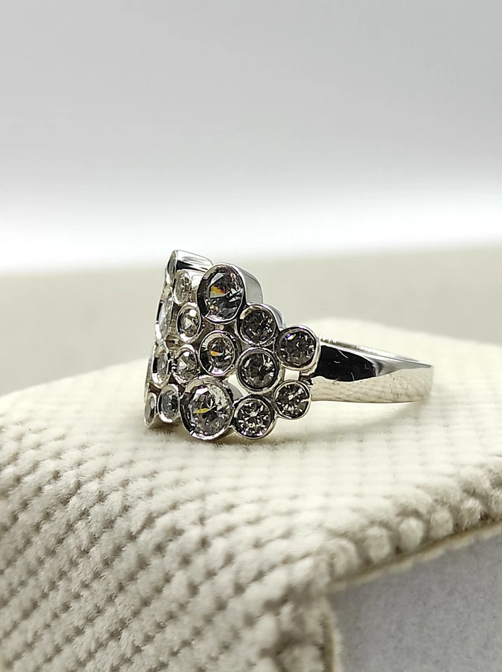 Conjunto de bisel blanco genuino redondo diseño de burbujas de circonita cúbica anillo fino de plata 925 Foto 4 de 4