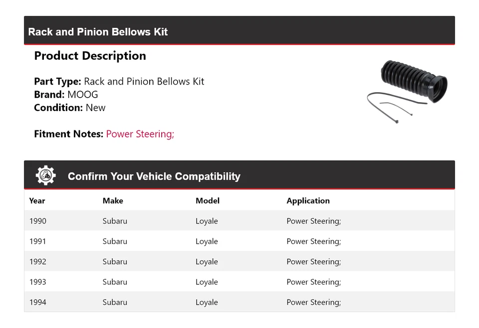 Kit de fuelle de piñón y cremallera para Subaru Loyale 1990-1994 MOOG 1990 1991 1992 1993 Foto 2 de 4