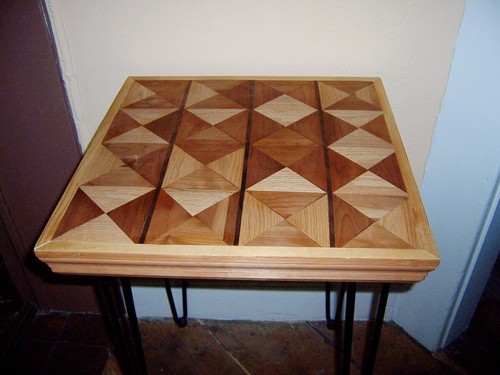 vintage mid cent modern Wooden Geometric Design table iron Hairpin Legs - Picture 2 of 7
