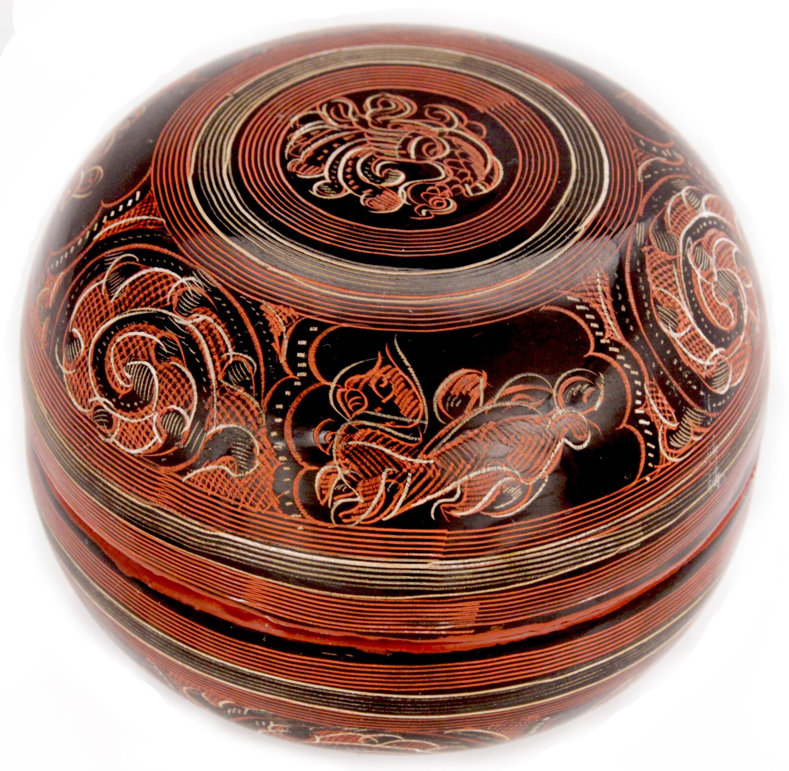 Vintage Burmese Etched Yun Lacquer Round Box Container Burma SE Asian Old