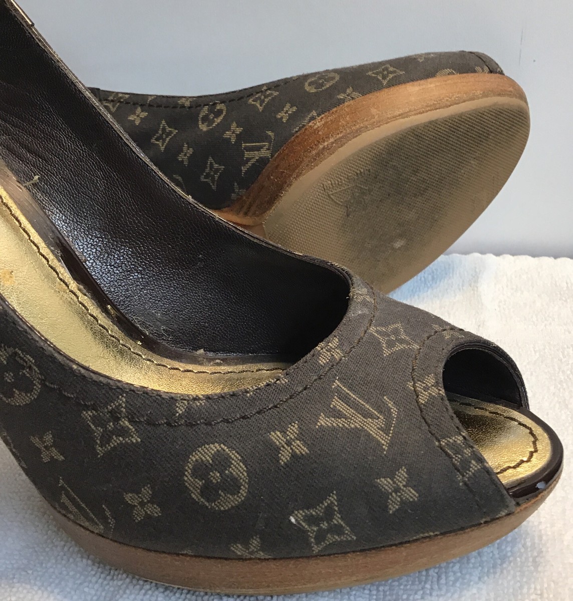 Louis Vuitton Shoe Black High Heel Peep Toe Print Logo