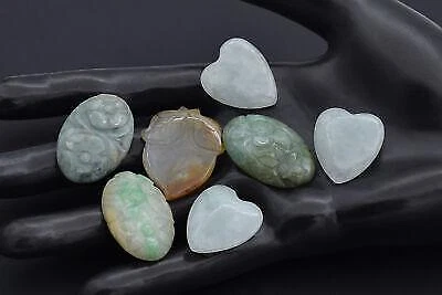Lote de 7 piedras sueltas vintage talladas en jade verde rojo corazón, fruta y flor Foto 4 de 4
