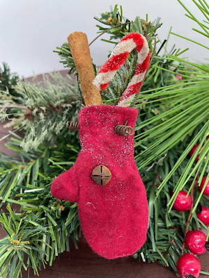 Primitive Christmas Mini Mitten w/ Greens, Cinnamon Stick /Candy Cane Ornie 5.5''