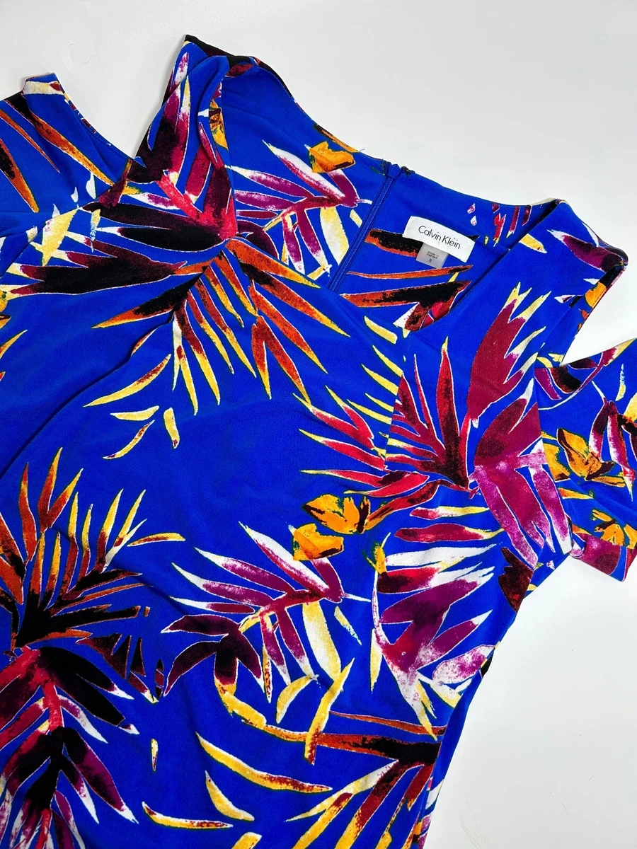 Calvin Klein Sheath Dress Cold Shoulder Stretch Zip Floral Tropical Blue Size 8