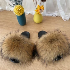 New Style Women's Real Fox Fur Slides Furry Slippers Summer Flat Sandals Shoes