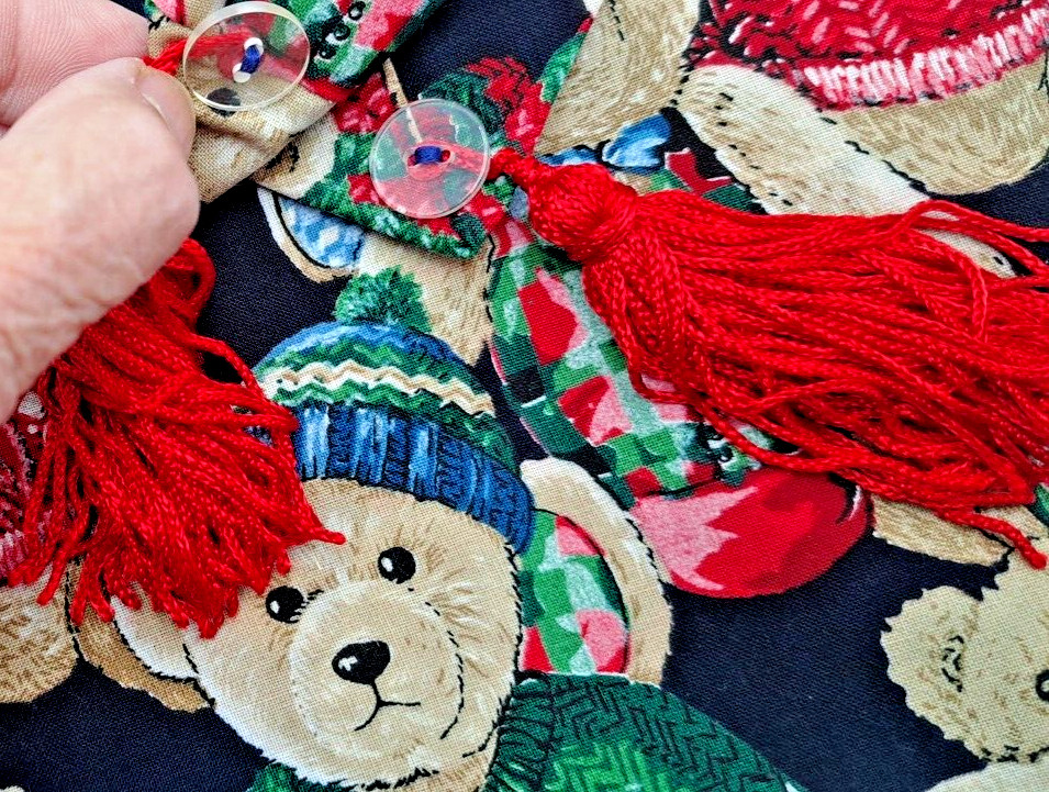 Table or Dresser Runner + Tassels Teddy Bears in Colorful Sweaters Caps 70"X13"