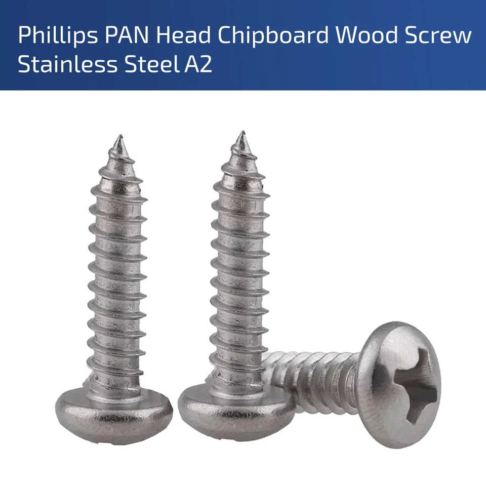 FIXINFASTENERS PHILLIPS DRIVE PAN HEAD CHIPBOARD WOOD SCREWS A2 STAINLESS STEEL M3 M4 M5 M6 UK