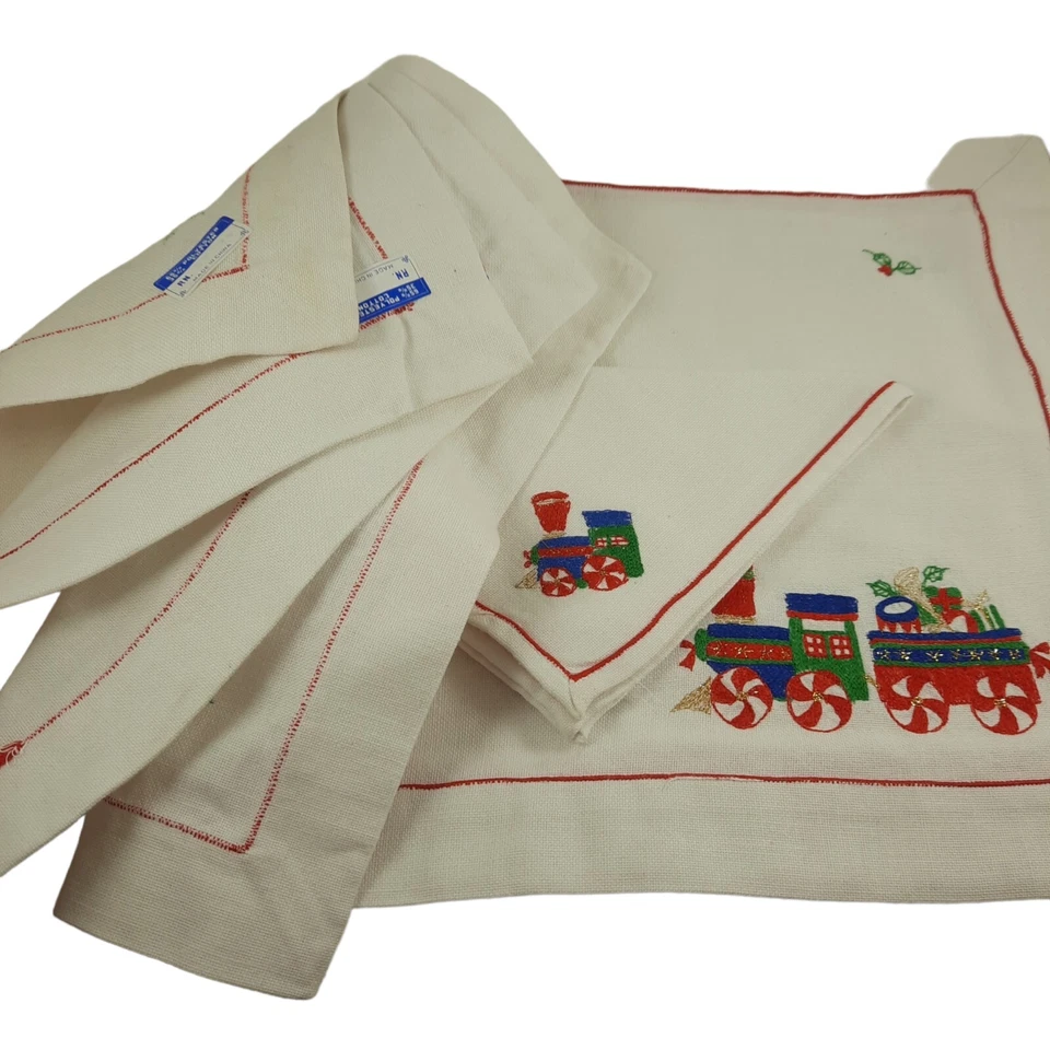 Juego de 4 manteles rectangulares vintage coloridos tren de Navidad con servilletas Foto 2 de 4