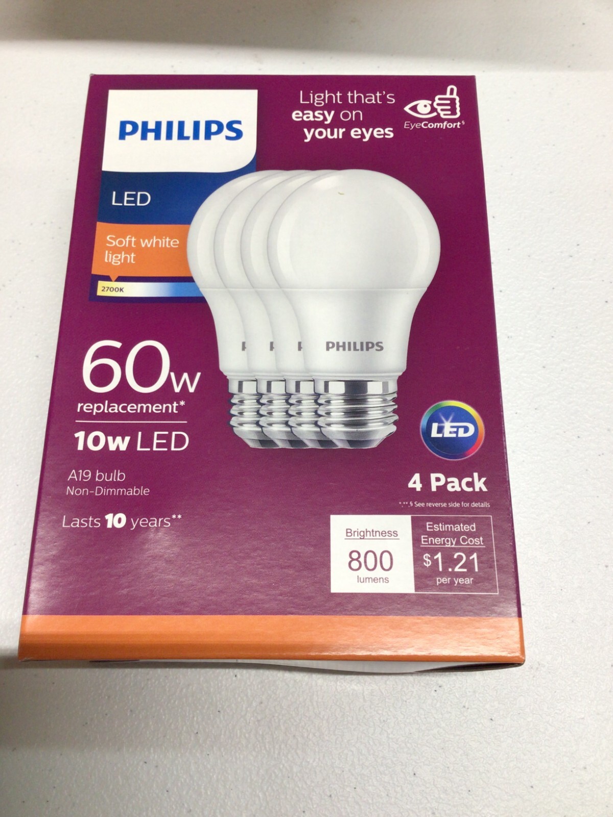 Case of&nbsp;4 Phillips 60w 10w LED A19 Non-Dimmable Light Bulbs - *16 Total Bulbs*