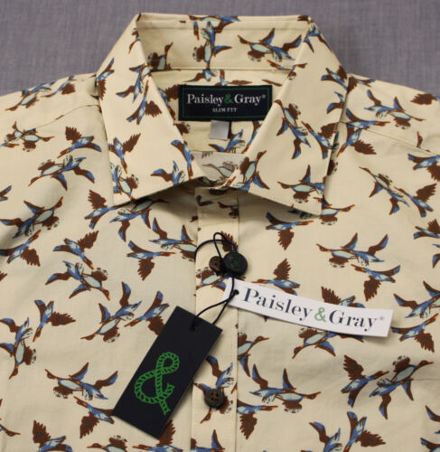 Paisley & Gray Mens Beige Duck Hunting Print LS Slim Fit Woven Sport Shirt NWT S