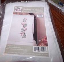 Tobin Stamped Pillow Cases PINK FLORAL FAN for Embroidery 20" x 30" 1 Pair