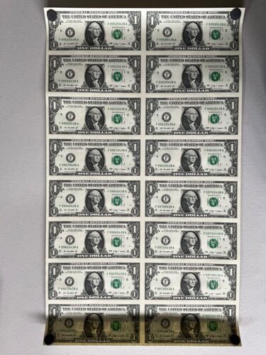 UNCUT SHEET OF 16   2009 U.S. $1 DOLLAR FEDERAL RESERVE. - Picture 1 of 3