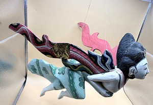 Large Balinese Flying Winged Mermaid Spirit Chaser - Green Floral Motif 10"x16"