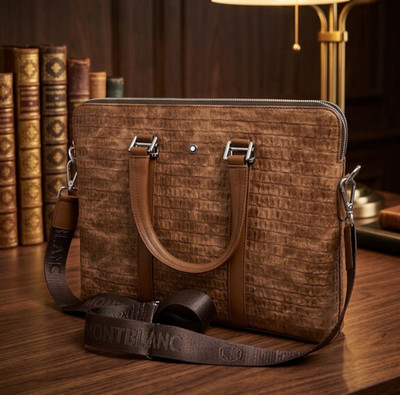Luxury Montblanc Men's Brown Crocodile Textured Leather Laptop Bag Briefcase