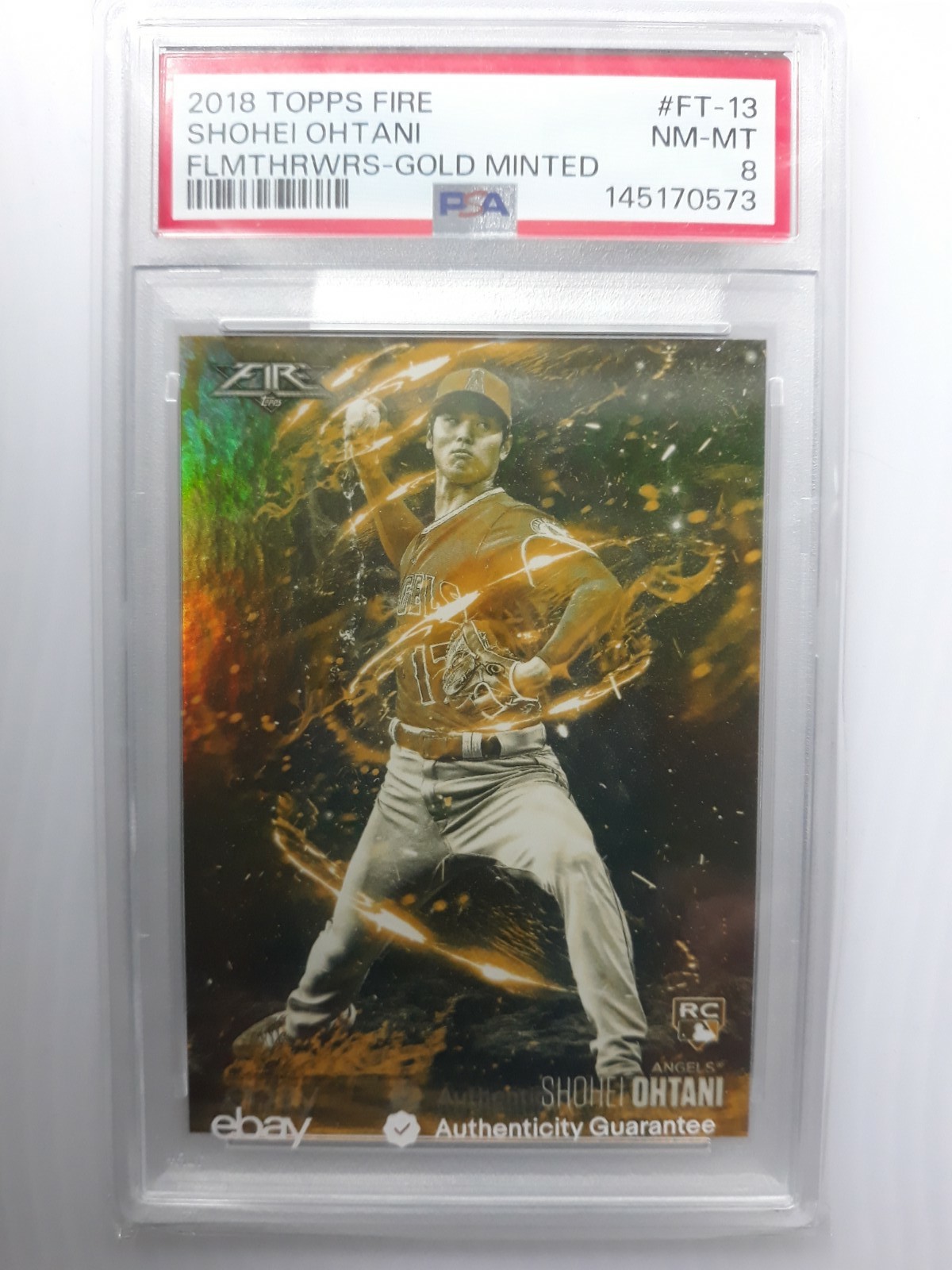 2018 TOPPS FIRE SHOHEI OHTANI FLAMETHROWERS GOLD MINTED ROOKIE  PSA 8!!!