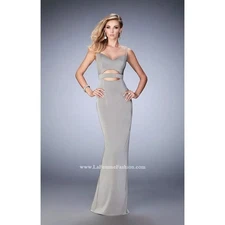 LA FEMME Strappy Platinum Silver Cut-Out Gown Maxi Dress | 0