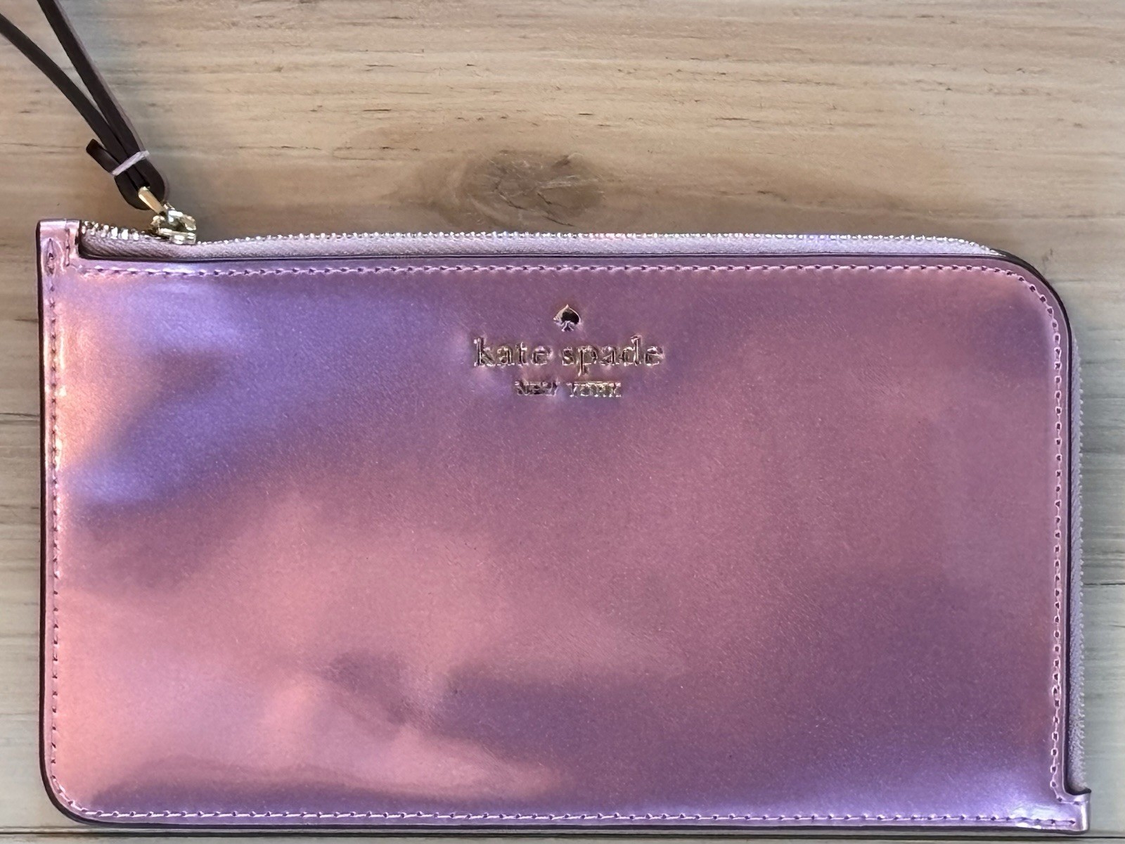 Kate Spade NY Metallic Pink Leather Zip Wristlet Clutch Purse Wallet Rose Gold