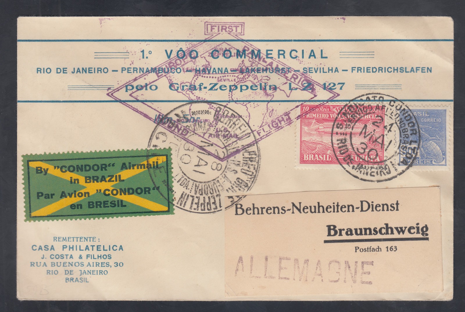 June 1930 Europe-Pan American Round Flight LZ 127 Zeppelin Cover Brazil