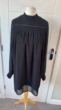 Women’s Black Swiss Dot Smock Mini Dress UK 12 M Sheer B64