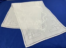 Vintage Dresser Scarf Or Table Runner, Flower & Dot Embroidery, Linen, White