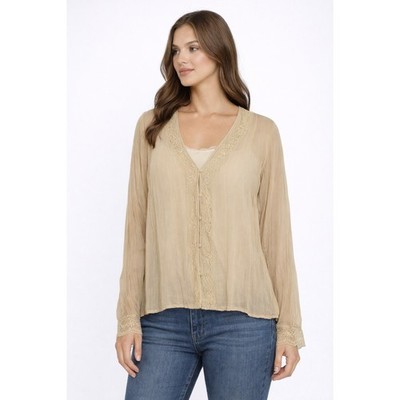 Notations Women Tan Crinkle Lace Trim Sequin Button Blouse L Ethereal Whimsigoth