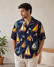 Vintage Gottex Nautical Sailboat Print Button Up Shirt XL Navy Resortwear