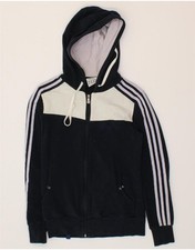 ADIDAS Womens Zip Hoodie Sweater UK 12 Medium Navy Blue Colourblock Cotton AU19