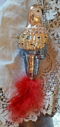 Glass Bird Christmas Ornament Blue and Silver Red Feather Tail Glitter Accents